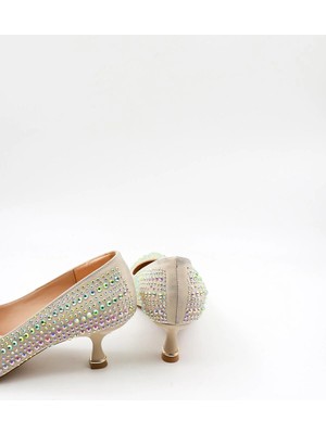 Park Moda Kadın Topuklu Taşlı Saten Klasik Ayakkabı PM492 Bej Saten