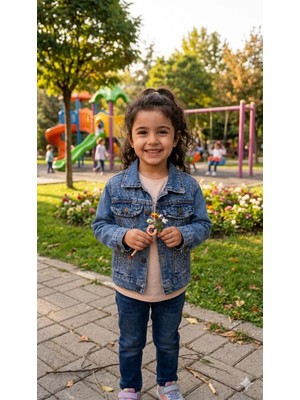 HaanBebe Kız Çocuk Taşlı Mevsimlik Klasik Kesim  Mavi Denim Jean Ceket