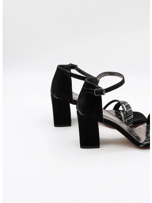 Park Moda Kadın Topuklu Taşlı Abiye Ayakkabı Nut Çizgili Ipek PM08 Siyah