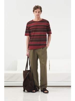 Giesto Çizgili Dökümlü Bordo Keten Triko T-Shırt