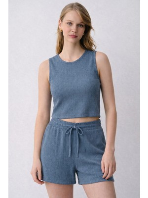 Kadın 2'li Bürümcük Basic Askılı Crop Kısa Şort Alt Üst Şortlu Takım