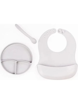 MiraLive Gri 3’lü Silikon Yemek Seti – Önlük + Diş Kaşıyıcılı Kaşık + Vakumlu Tabak