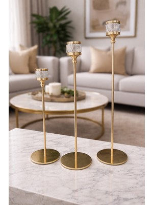 Mis Kitchen Lüks Gold Uzun Şamdan Seti 3’lü Set – Kristal Taşlı Dekoratif Modern Mumluk (Mum Dahil Değildir)
