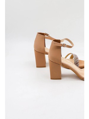 Park Moda Kadın Topuklu Taşlı Abiye Ayakkabı Nut Çizgili Ipek PM08 Nut