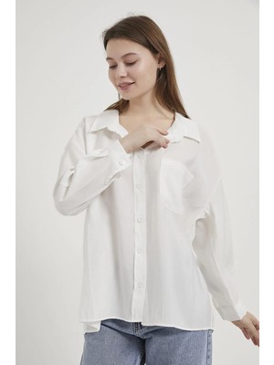 Shopping Shop Modal Kumaş Açık Yaka Oversize Gömlek Ekru
