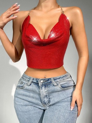 Toyigoo Ieg™ Parlak Kırmızı Crop & Bluz Kolsuz Kayık Yaka Zırh Büstiyer