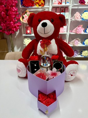 Ayı Evreni Büyük Peluş Ayılı Romantik Hediye Kutusu Kırmızı | Lila Kutu | Kar Küresi, Çelik Takı Seti, Peluş Ayıcık | Sevgiliye, Anneye, Doğum Günü, 14 Şubat, Yıldönümü