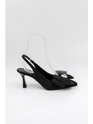 Park Moda Stiletto Sivri Burun Arkası Bantlı Topuğu Açık Günlük Rahat Kadın Topuklu Ayakkabı PM492 Siyah Simli