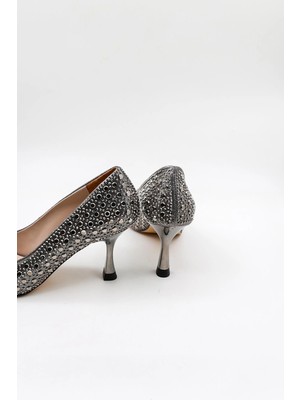 Park Moda Taşlı Kısa Topuklu Abiye Kadın Ayakkabı PM309 Platin