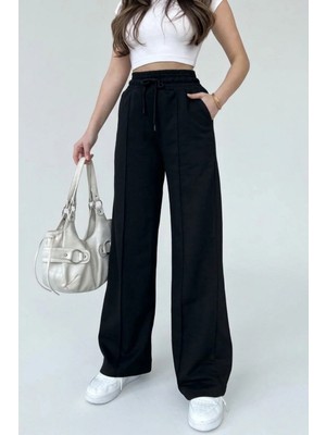 Kadın Mevsimlik Geniş Paça Beli Lastikli Cepli Siyah Eşofman Altı