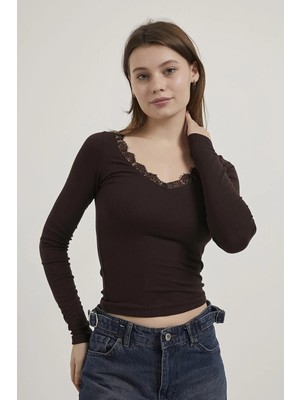 Shopping Shop Yaka Dantel Detay Bluz Kahve