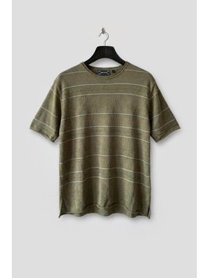 Giesto Çizgili Dökümlü Haki Keten Triko T-Shırt