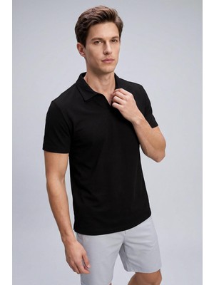 Siyah Rahat Form Yumuşak Dokulu Polo Yaka Erkek T-Shirt - 88496