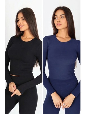 Soft & Basic Kadın 2'li Uzun Kollu Baskılı Bisiklet Yaka Siyah-Lacivert Atlet Body