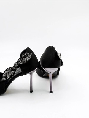 Park Moda Kadın Taşlı Fiyonk Detaylı Kadın Stiletto PM170 Siyah Nubuk