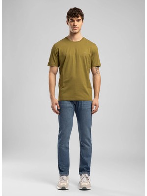 Lee Cooper Logos Erkek Regular Fit %100 Pamuk Baskılı Bisiklet Yaka T-Shirt Yağ Yeşil