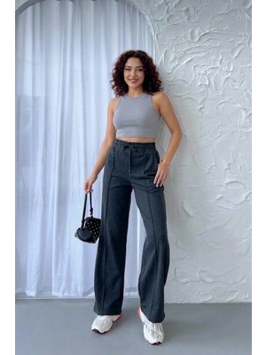 Kadın Mevsimlik Geniş Paça Beli Lastikli Cepli Siyah Eşofman Altı