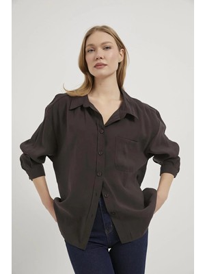 Shopping Shop Modal Kumaş Açık Yaka Oversize Gömlek Kahve