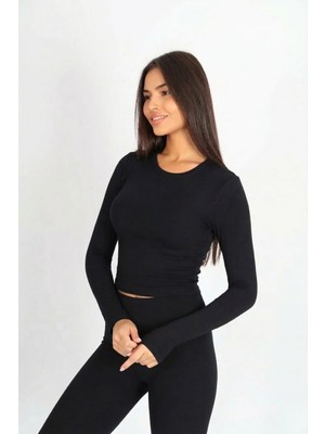 Soft & Basic Kadın Uzun Kollu Baskılı Bisiklet Yaka Siyah Atlet Body