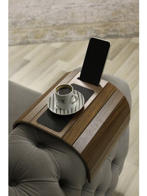 Mobitell Deri Tabanlı Koltuk Kolçak Sehpası Modern Tasarım ile Ceviz Renkli Kullanışlı Telefon Tutacak