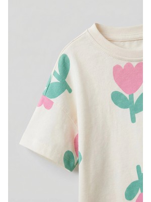 Magu Kız Çocuk Pamuklu Ekru Çiçek Desenli Tişört Şort Takım - Cepli