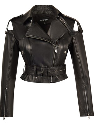 Derimod Avanti Kadın Siyah Omzu Açık Kısa Biker Deri Ceket 26SGD5672U7