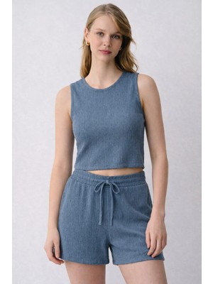 Kadın 2'li Bürümcük Basic Askılı Crop Kısa Şort Alt Üst Şortlu Takım