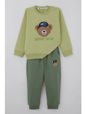 Breeze Erkek Bebek Eşofman Takımı Sevimli Ayıcık Aplikeli Kolej Model 9 Ay-3 Yaş, Fıstık Yeşili