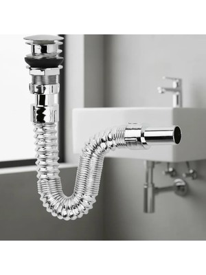 MiraLive Krom Basmalı Sifon -Körüklü Sifon Bas Stoplu Lavabo Mutfak Sifonu-Paslanmaz