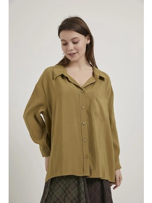 Shopping Shop Modal Kumaş Açık Yaka Oversize Gömlek Olıve