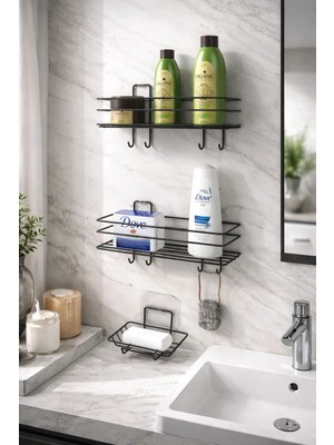 Atacı Home 3'lü Banyo Seti Yapışkanlı Paslanmaz Banyo Sabunluk Duşakabin Rafı Şampuanlık Banyo Düzenleyici Set