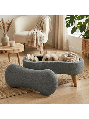 Zem Scala Sandıklı Bohem Ahşap Ayaklı Puf/Bench, Gri