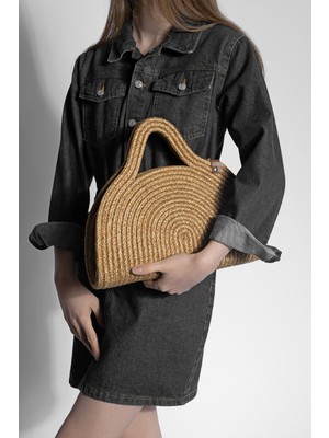 Marjin Kadın El Örgüsü Fermuarsız Kalıp Clutch & Portföy El Çantası Poger Bej Hasır