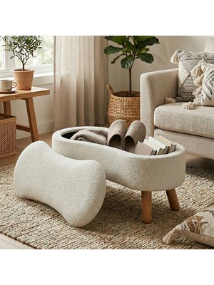 Zem Scala Sandıklı Bohem Ahşap Ayaklı Puf/Bench, Kırık Beyaz