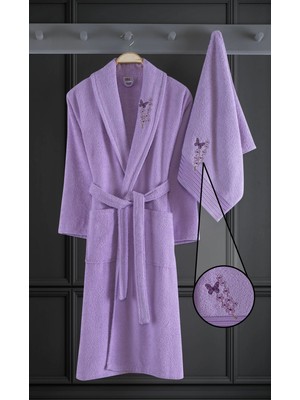 Binnur Home Alya Lila Nakışlı Pamuk Bornoz Seti 2 Parça Antibakteriyel ve Yumuşak Dokulu