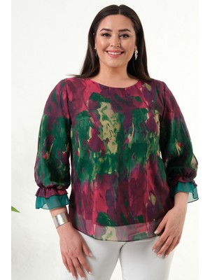 Mezure Desenli Astarlı Şifon Bluz Büyük Beden