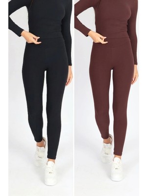 Soft & Basic Kadın 2'li Fit Toparlayıcı ve Esnek Premium Kumaş Siyah-Kahverengi Tayt