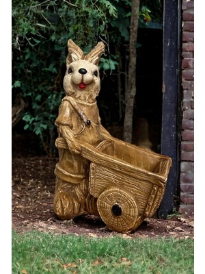 Libre Design Dekoratif 40 cm Kahverengi Arabalı Tavşan Ev Balkon Bahçe Süsü Dekorasyon Bohem Heykel Biblo