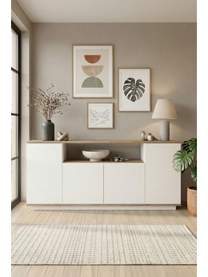 Robin Home Loft Konsol 4 Kapaklı Raflı 180CM Çam-Beyaz