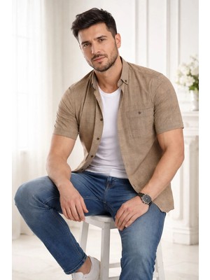 Varetta Erkek Kahverengi Kısa Kollu Gömlek Yaka Düğmeli Cepli Geniş Kesim