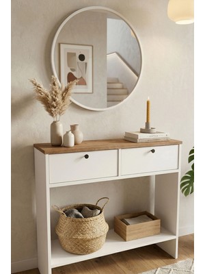 Robin Home Alaska Aynalı Dresuar Kapaklı Antre Hol Ahşap Ayaklı Sepet-Beyaz