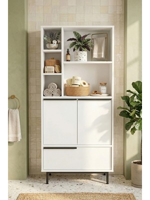 Robin Home Lidya Banyo Dolabı Çok Amaçlı Dolap 3 Kapaklı Metal Ayaklı Beyaz