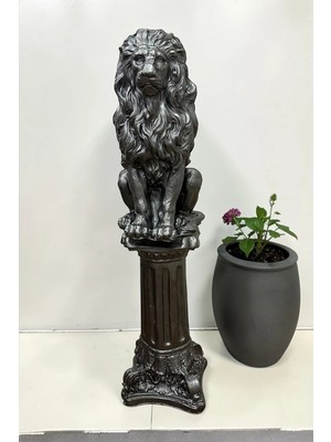 Libre Design Dekoratif 53 cm Metalik Antrasit Aslan ve Sütun Set Ev Balkon Bahçe Dekorasyon Biblo Heykel Obje