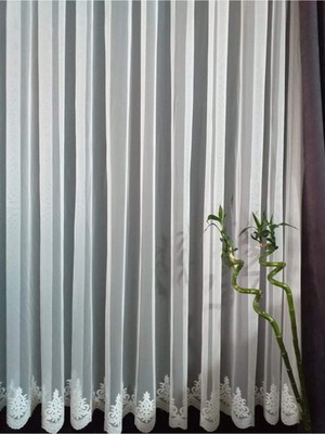 Brillant Grek Desen Etek Işlemeli 1/3 Sık Pile Tül Perde Ekru Renk 260 x 260 cm