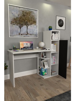 Moonlife Diamond Beyaz Siyah Dolaplı Çalışma Masası Suntalam Malzeme ile Modern Tasarım