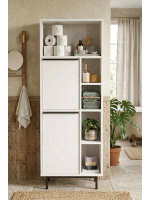 Robin Home Lidya Banyo Dolabı Çok Amaçlı Dolap 2 Kapaklı Metal Ayaklı Beyaz