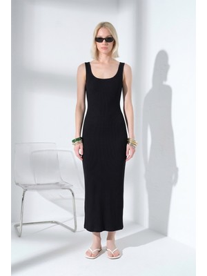 Maule Örme Soft Touch Premium Geniş Askılı Örme Midi Elbise @calabria