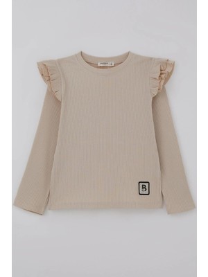 Breeze Kız Çocuk Uzun Kollu Tişört Arma Detaylı Omuzu Fırfırlı 5-10 Yaş, Bej