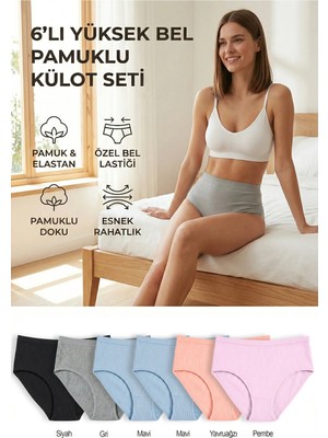 Bravie 6’lı Yüksek Bel Pamuklu Külot Seti Siyah, Gri, Yavruağzı, Mavi, Pembe