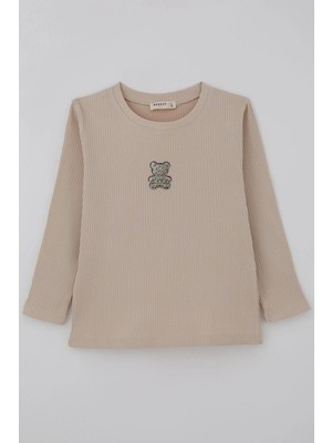 Breeze Kız Çocuk Uzun Kollu Tişört Taşlı Işıltılı Ayıcık Aplike Armalı 5-10 Yaş, Bej